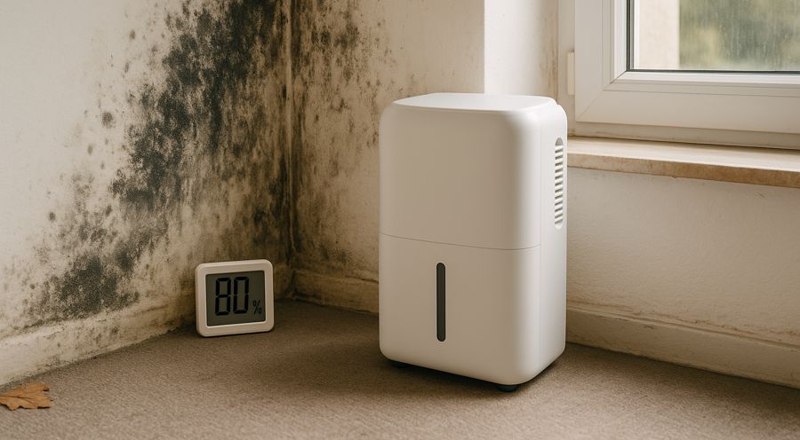 Bei Schimmelbildung an der Wand ist meistens eine zu hohe Luftfeuchtigkeit der Grund.