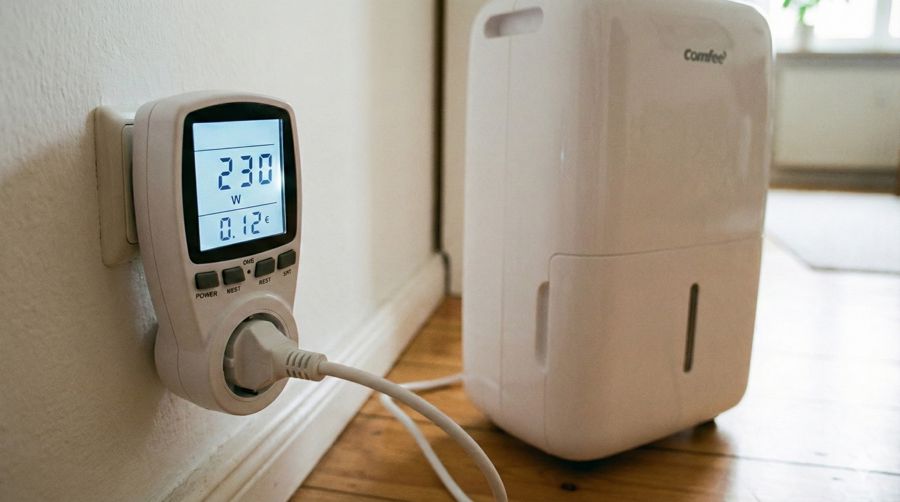 Strommessgerät an einem Luftentfeuchter zeigt den aktuellen Verbrauch an.